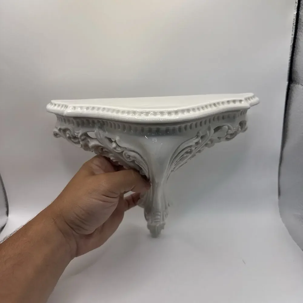 White Porcelain Wall Shelf With Detailed Baroque Style Corbels & Rope Border